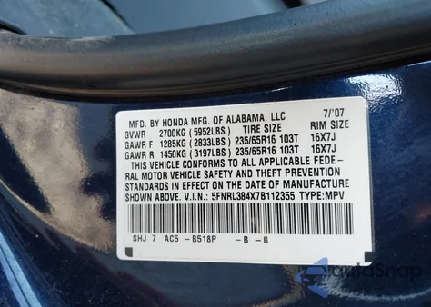 2007 Honda Odyssey Ex из США, поврежденный, VIN 5FNRL384X7B112355